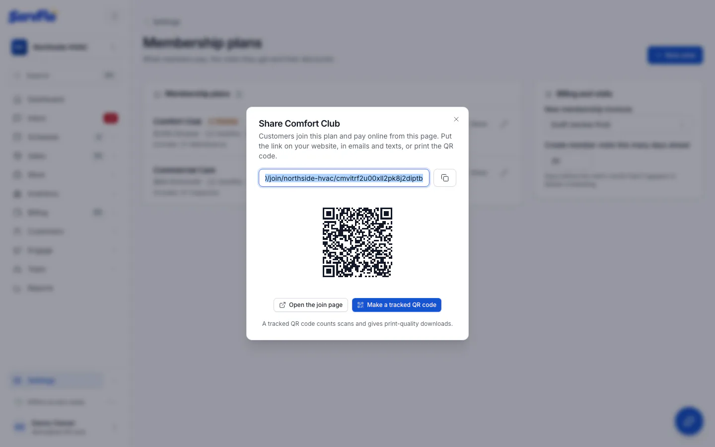 The Share dialog with the plan's join link and QR code