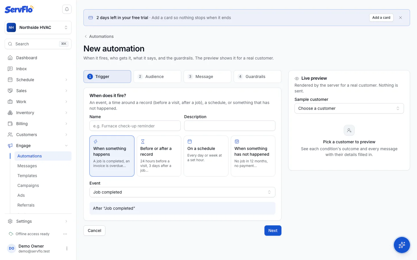 The New automation editor on the Trigger step with the live preview