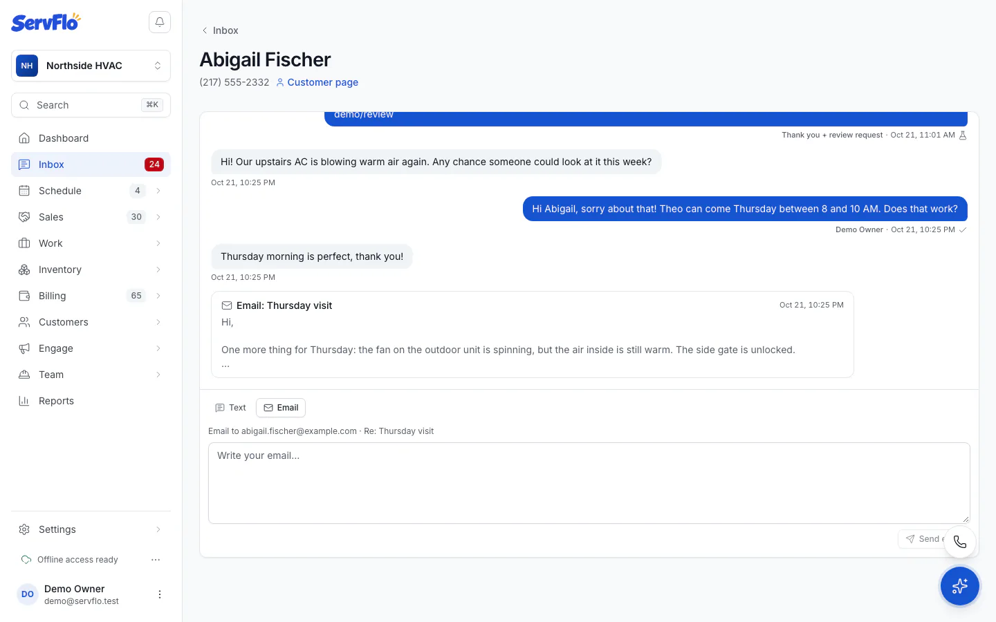 A customer conversation with texts, an email card and the reply box