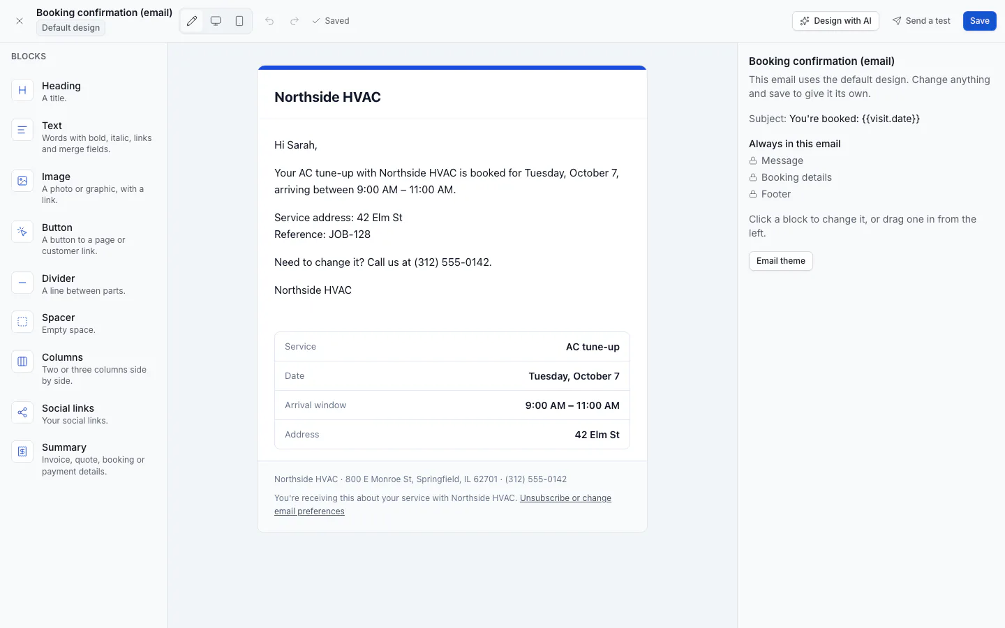 The email designer with blocks on the left, the email canvas and block settings
