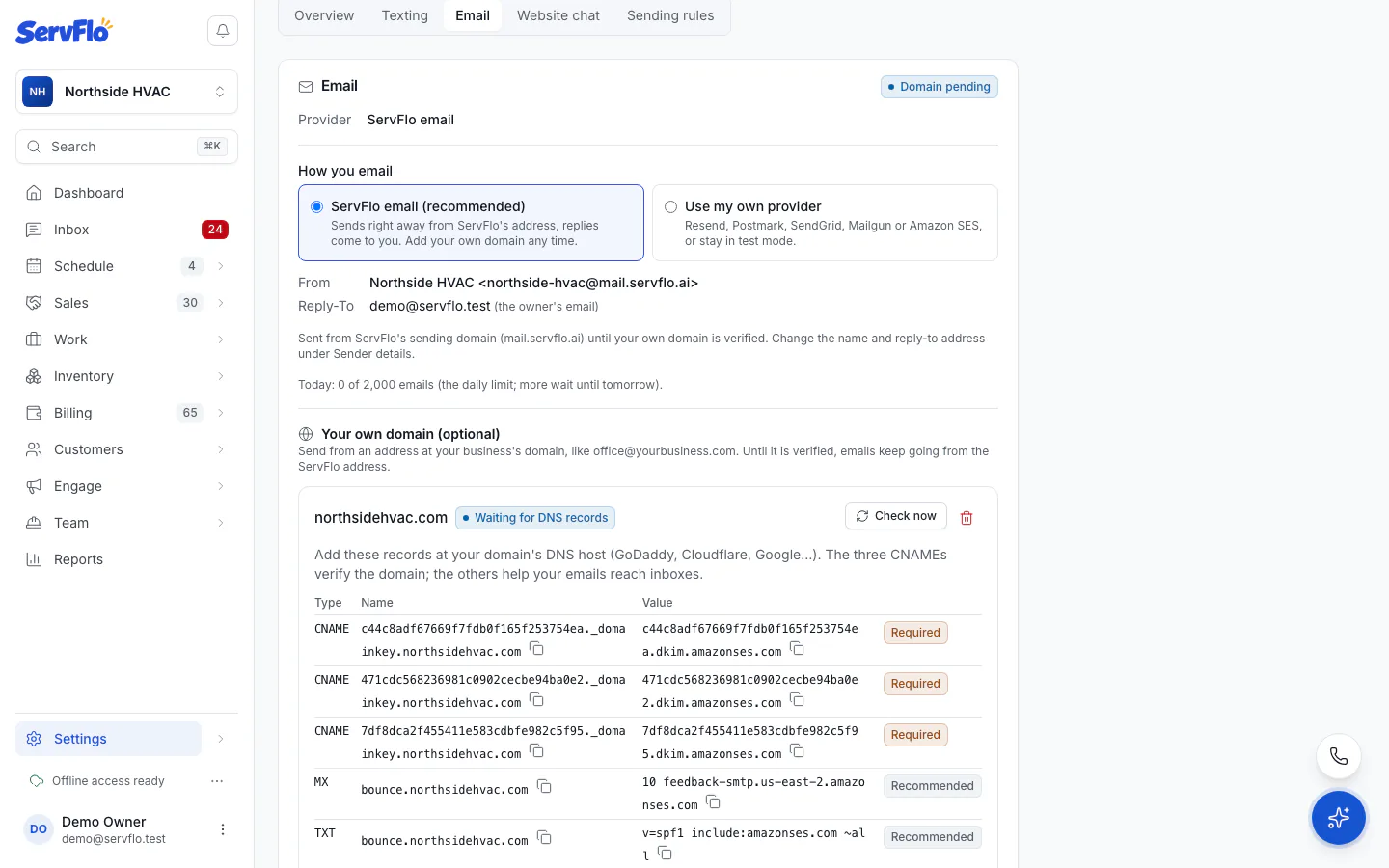 Your own domain with the DNS records to copy and their status