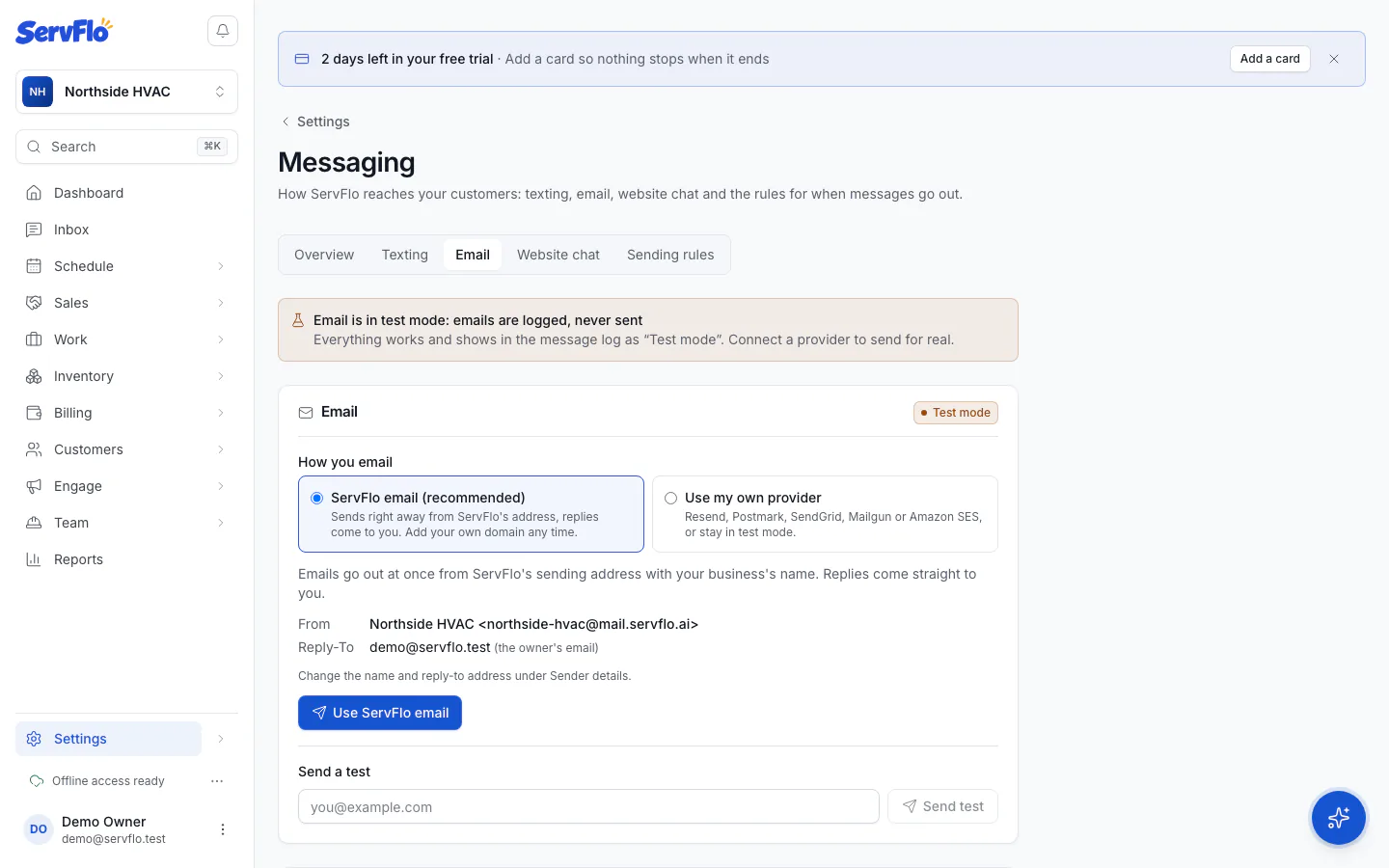 Settings → Messaging → Email with ServFlo email, From and Reply-To