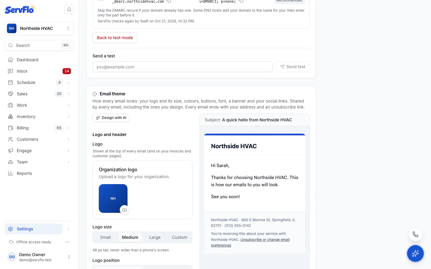 The Email theme form with the live email preview
