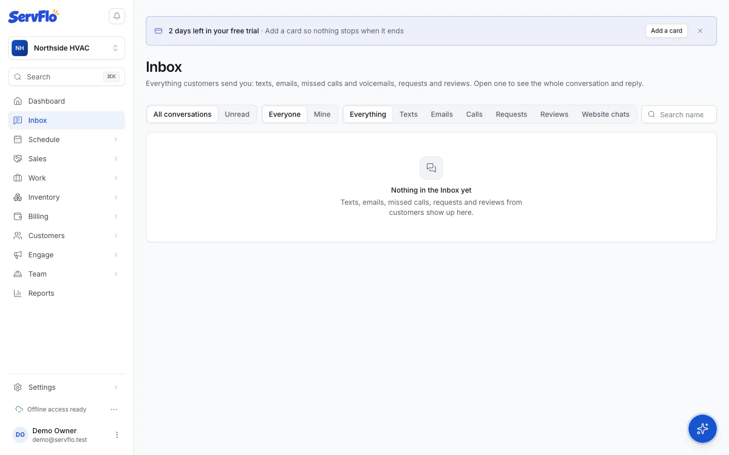 The Inbox with conversations, type filter and unread conversations in bold