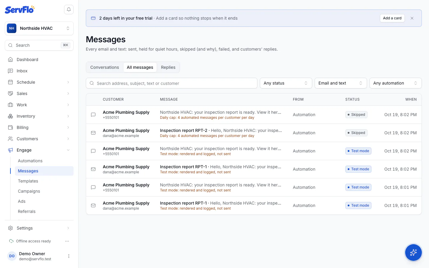 Engage → Messages with status, channel and automation filters