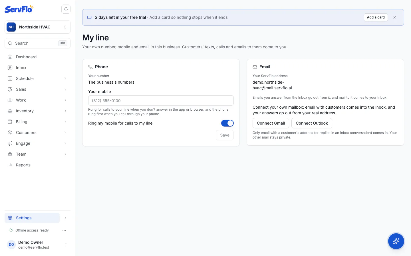 Settings → My line with phone, mobile and email