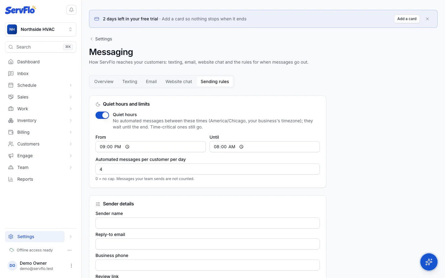 Settings → Messaging → Sending rules with quiet hours and sender details