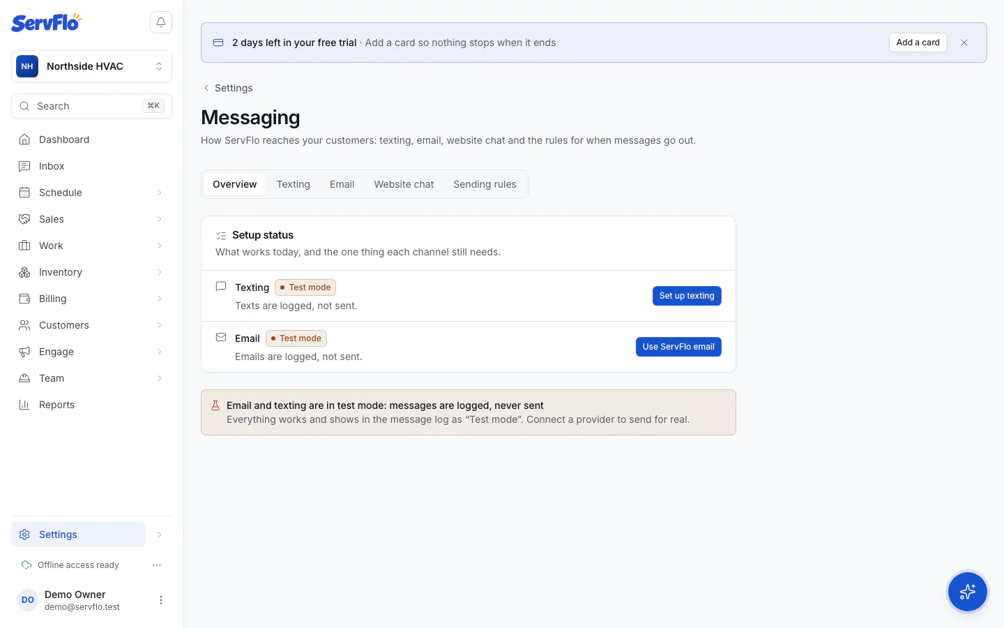Settings → Messaging overview with the Setup status card