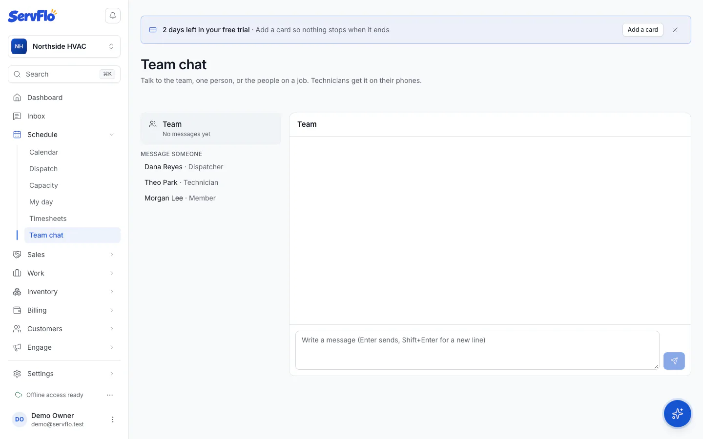 Team chat with the team conversation, direct messages and job chats
