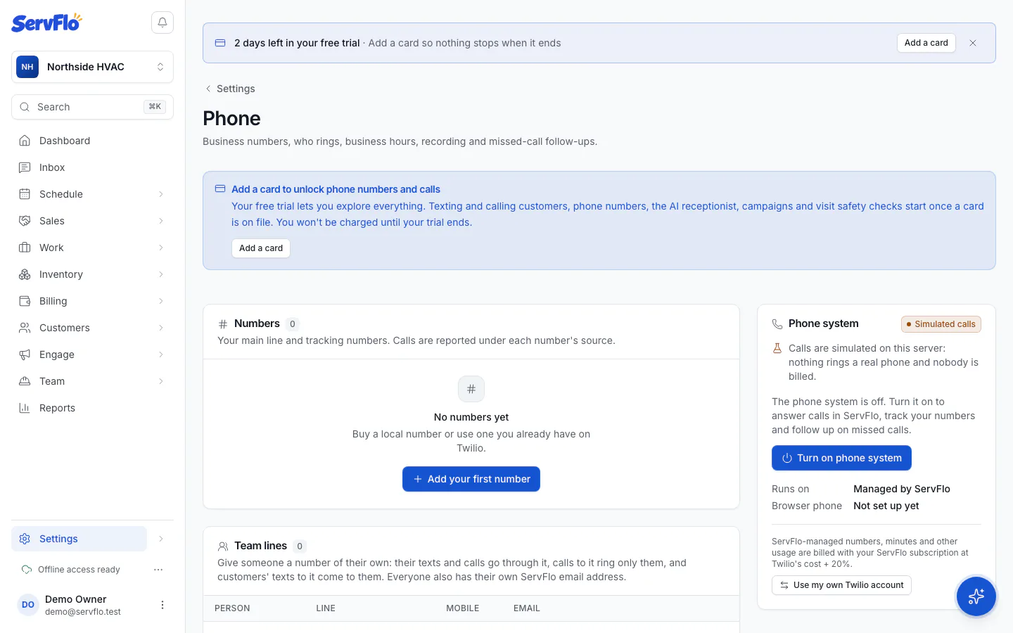 Team lines in Settings → Phone with each person's line, mobile and email