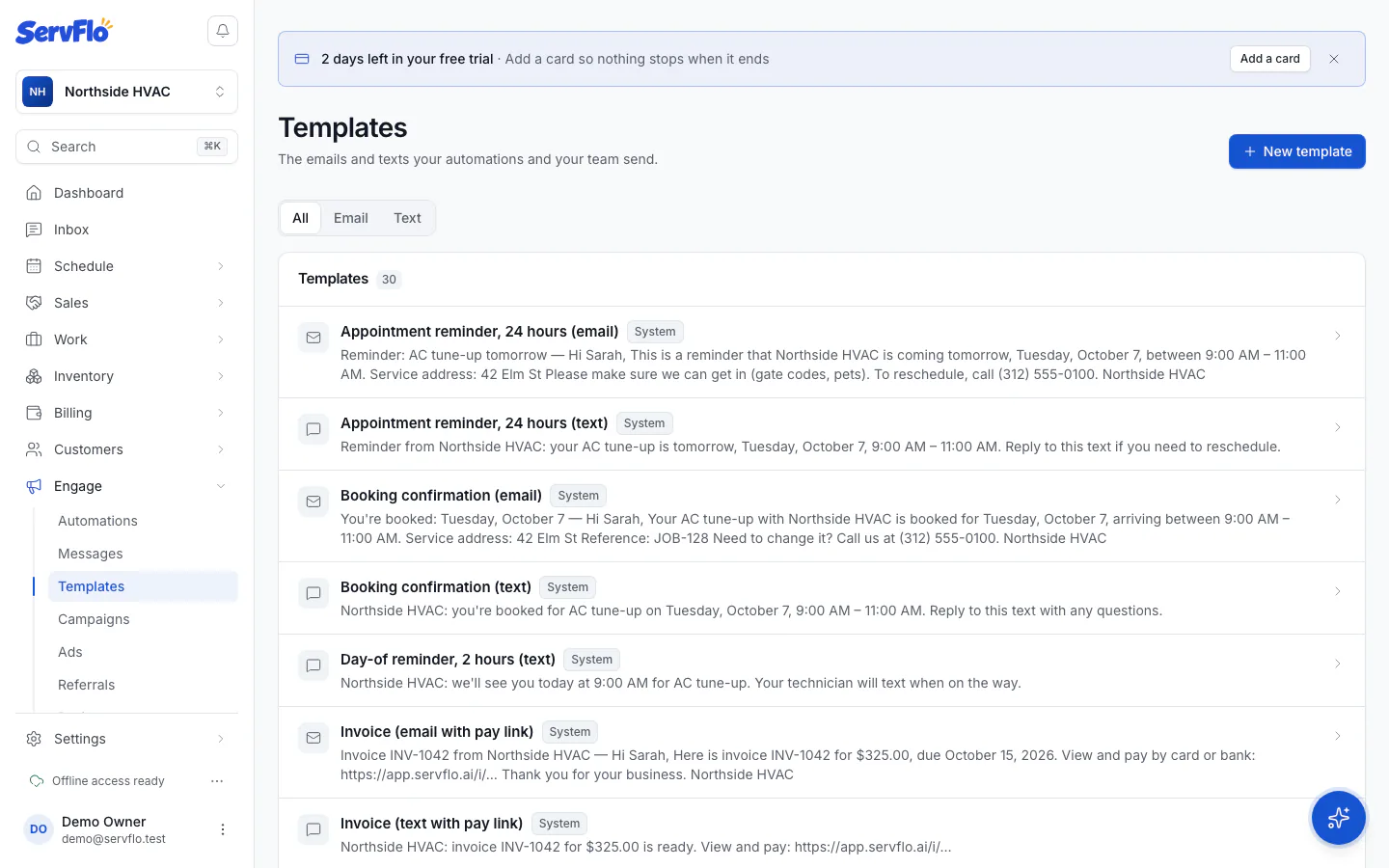 Engage → Templates with system and custom templates