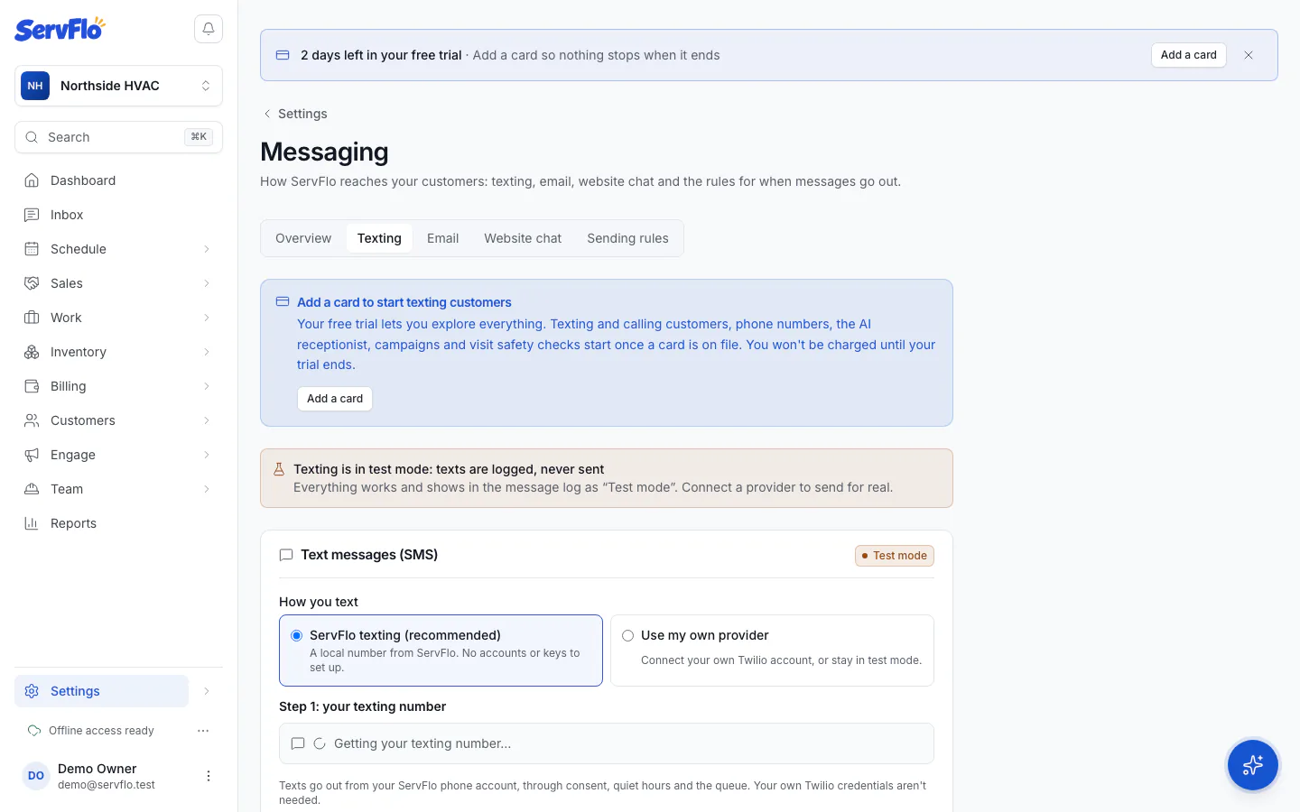 Settings → Messaging → Texting with the texting number and the registration step