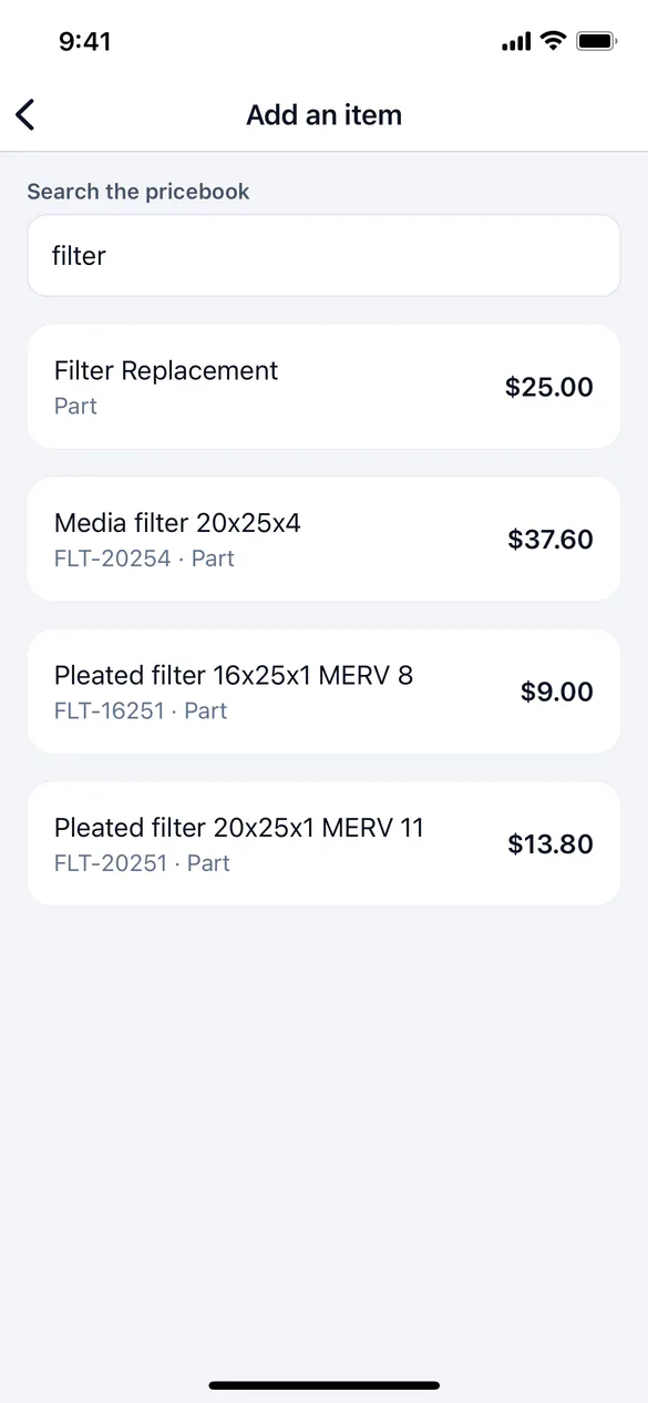 Searching the pricebook to add an item to a job