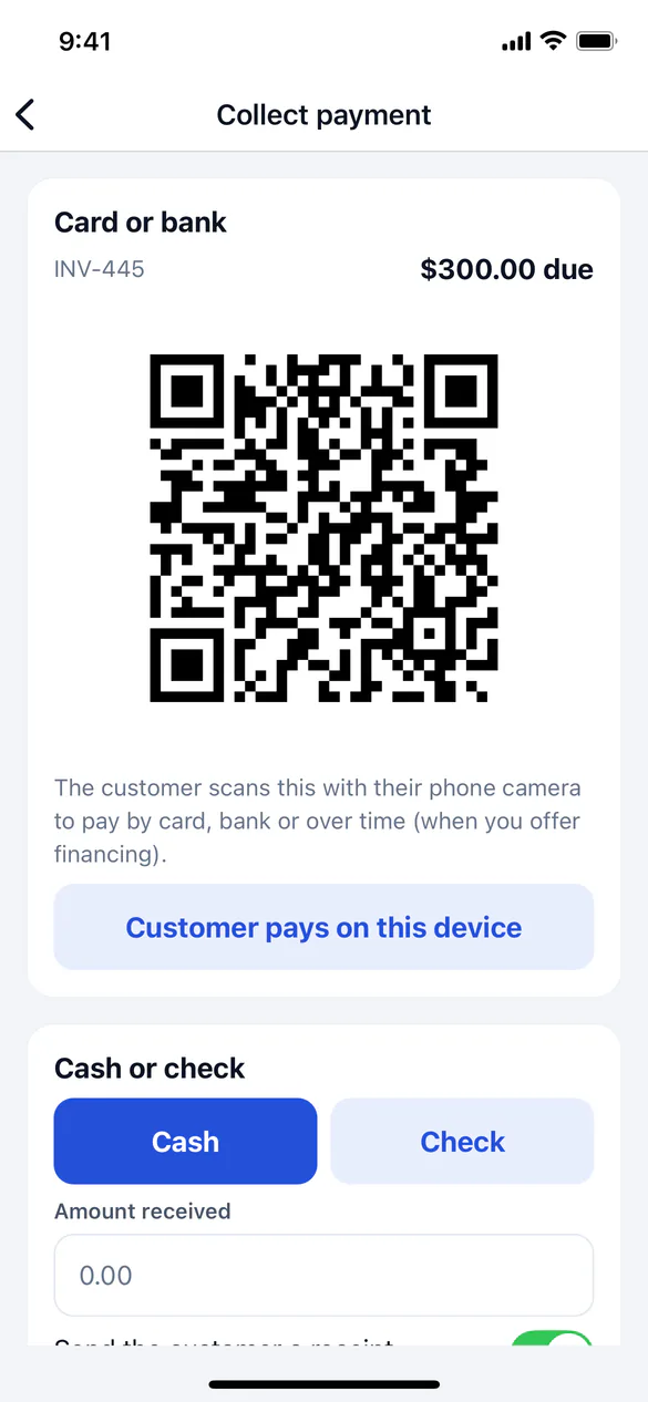 Collect payment with the amount due and a QR code