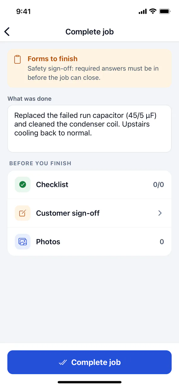 The Complete job screen with What was done and Before you finish