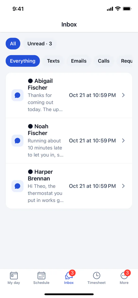 The Inbox tab with All and Unread and a list of conversations