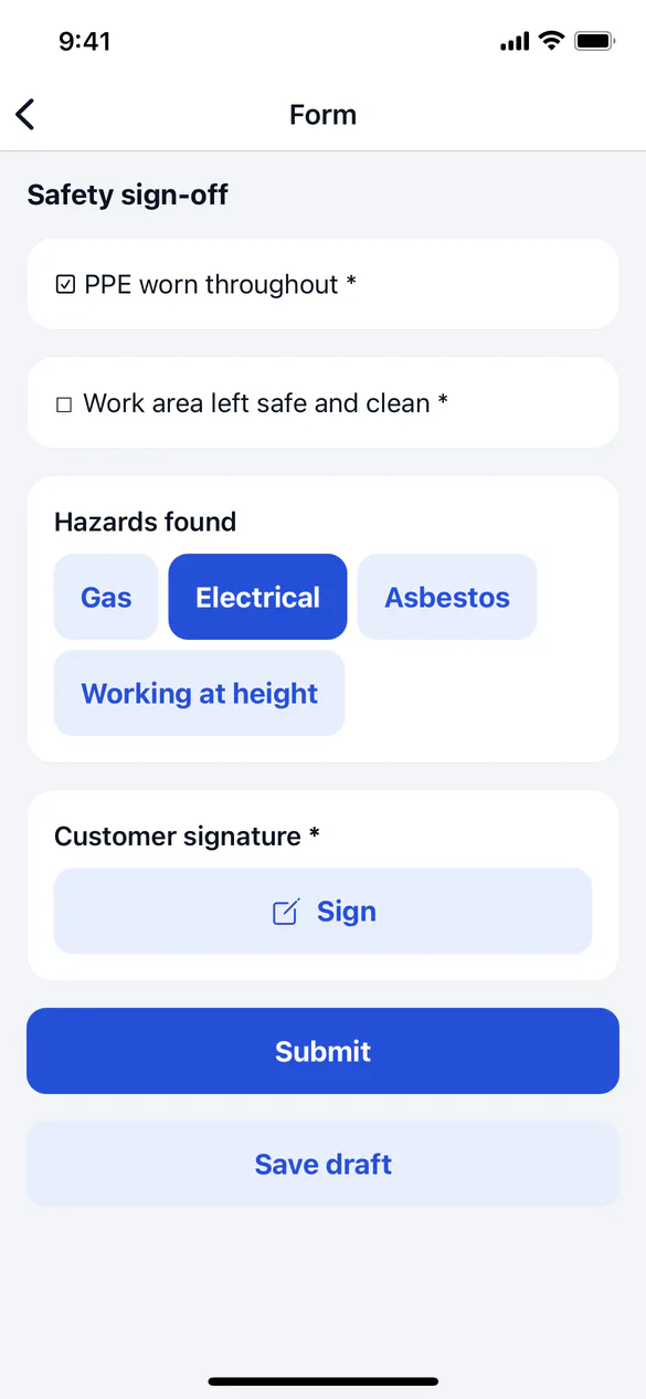 A job form being filled in on the phone