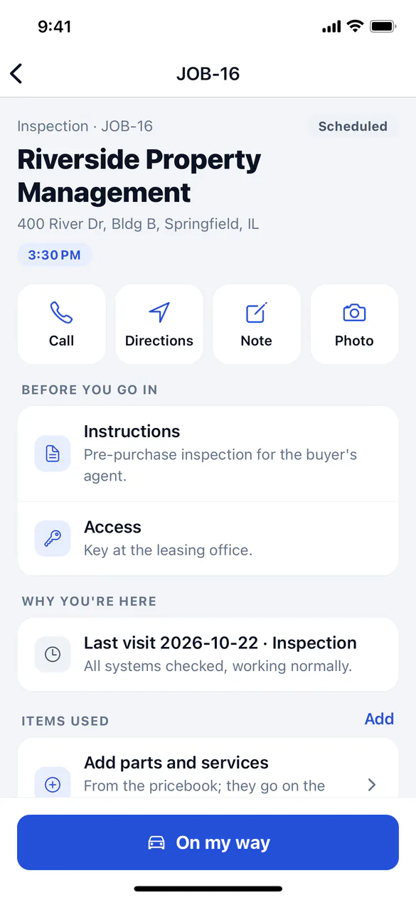 A job in ServFlo Tech with the On my way button at the bottom
