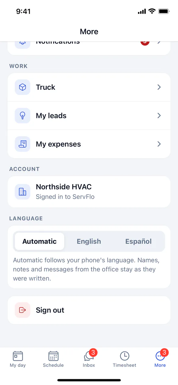 The Language setting under More with Automatic, English and Español