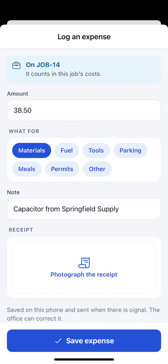 Log an expense with amount, category and receipt photo