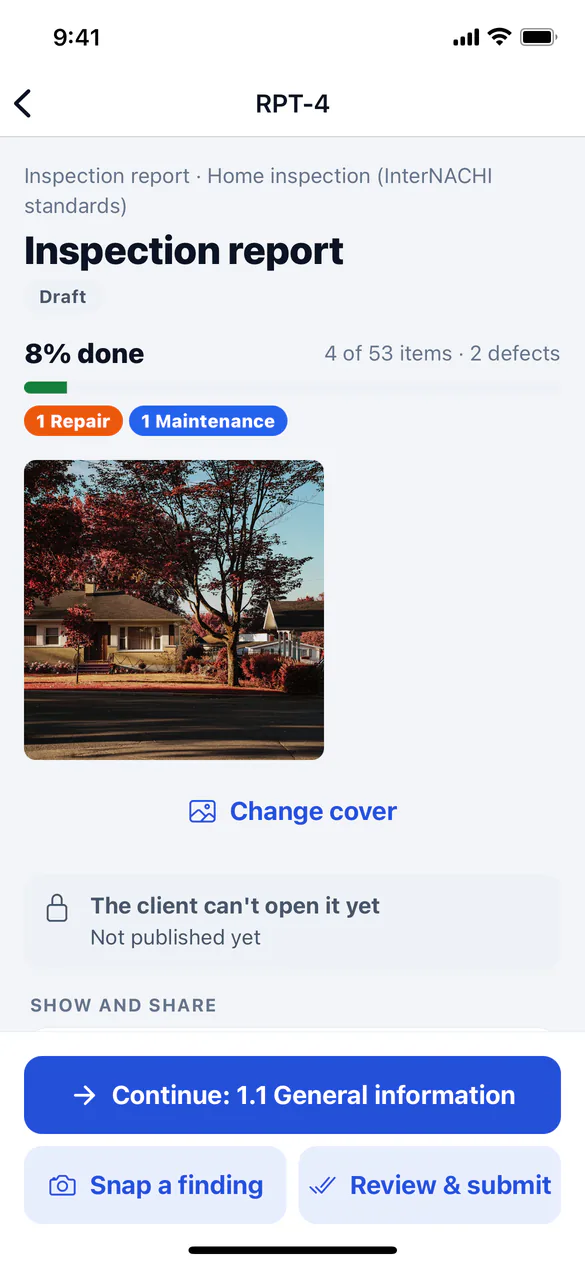 A report's overview with progress, Continue and the list of systems