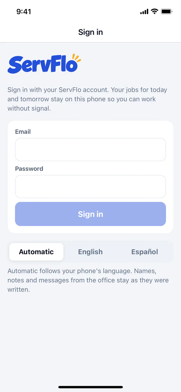 The ServFlo Tech sign-in screen