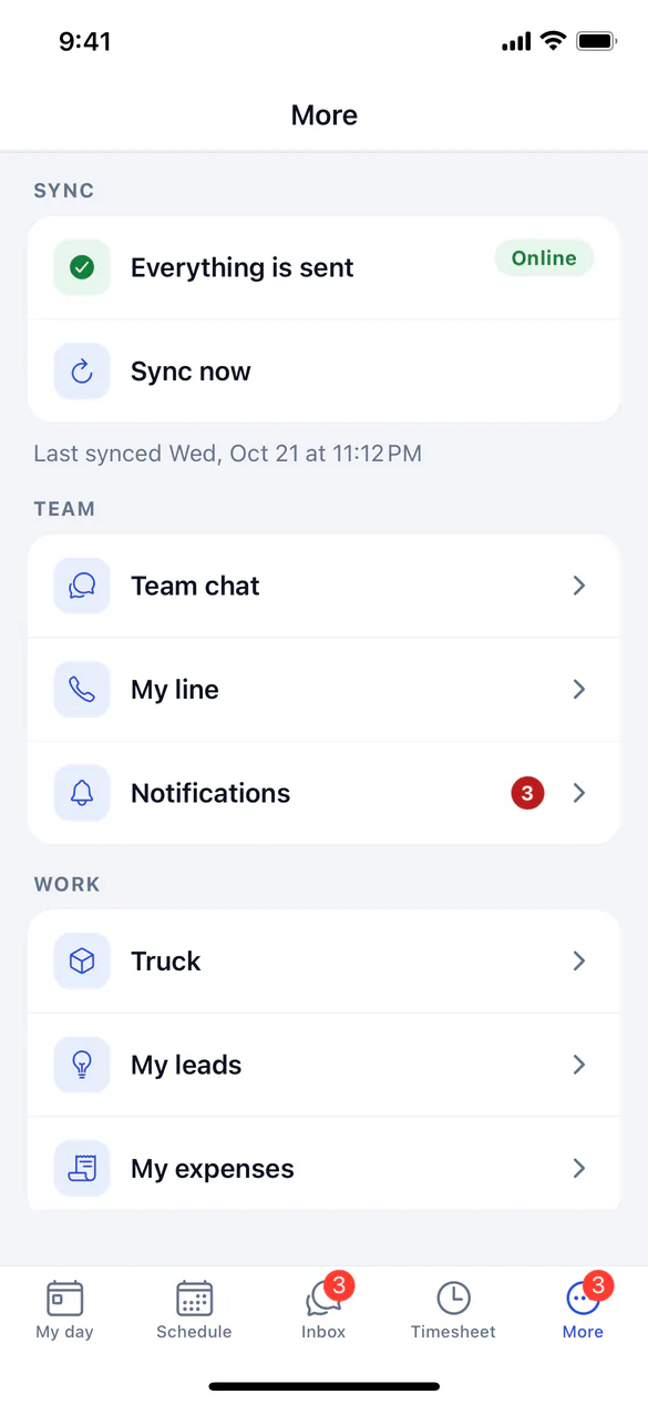 More, Sync with Last synced, waiting items and Sync now