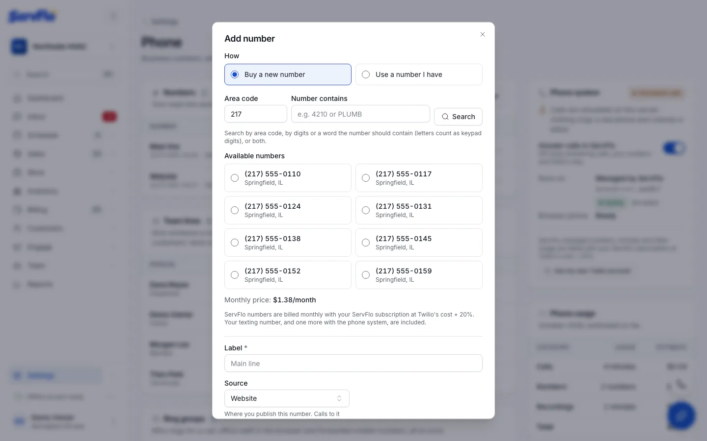 The Add number dialog with available local numbers