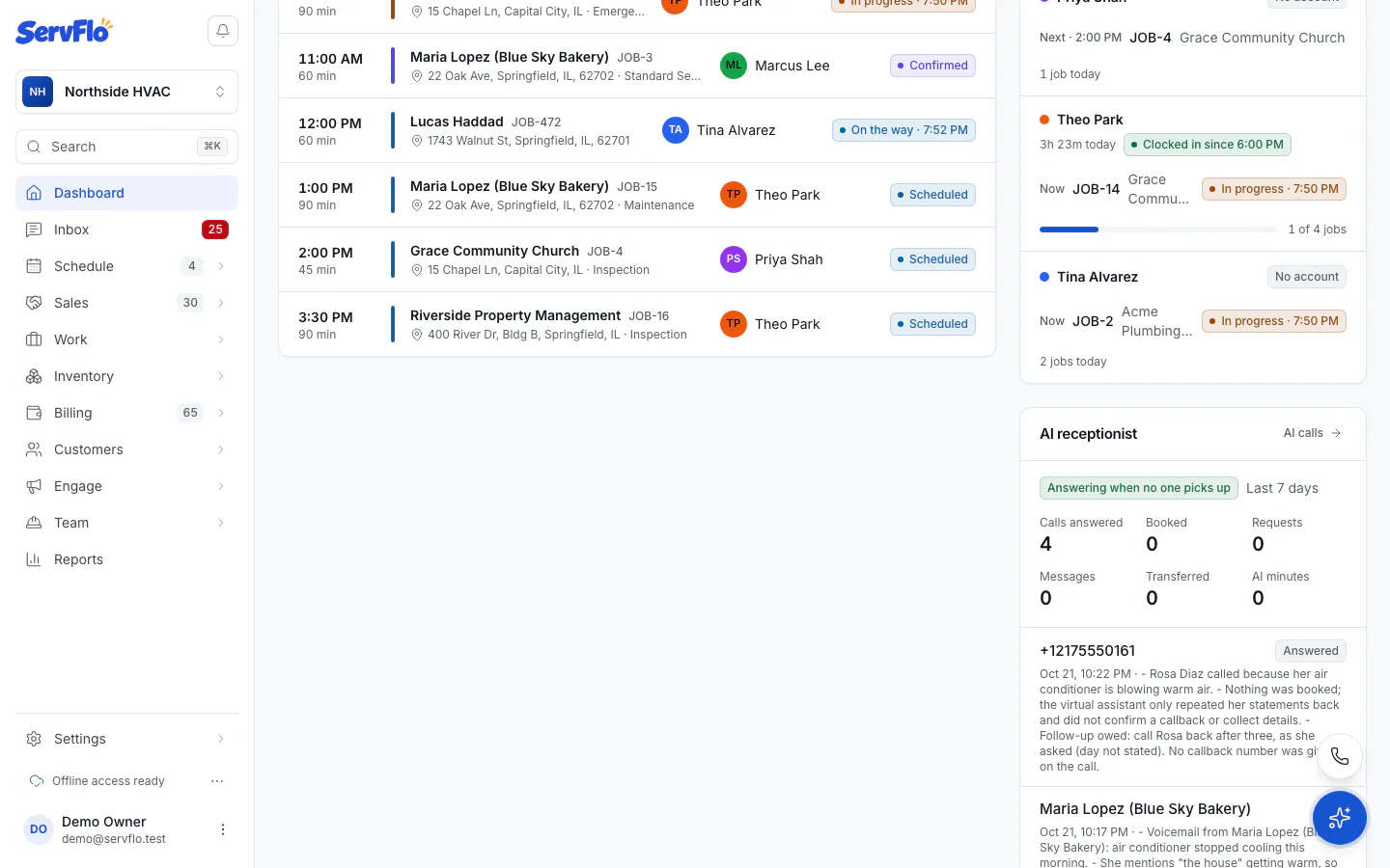 The AI receptionist card on the dashboard