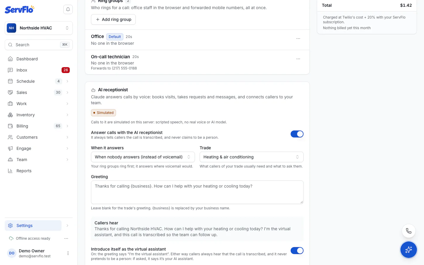 The AI receptionist panel in Settings → Phone
