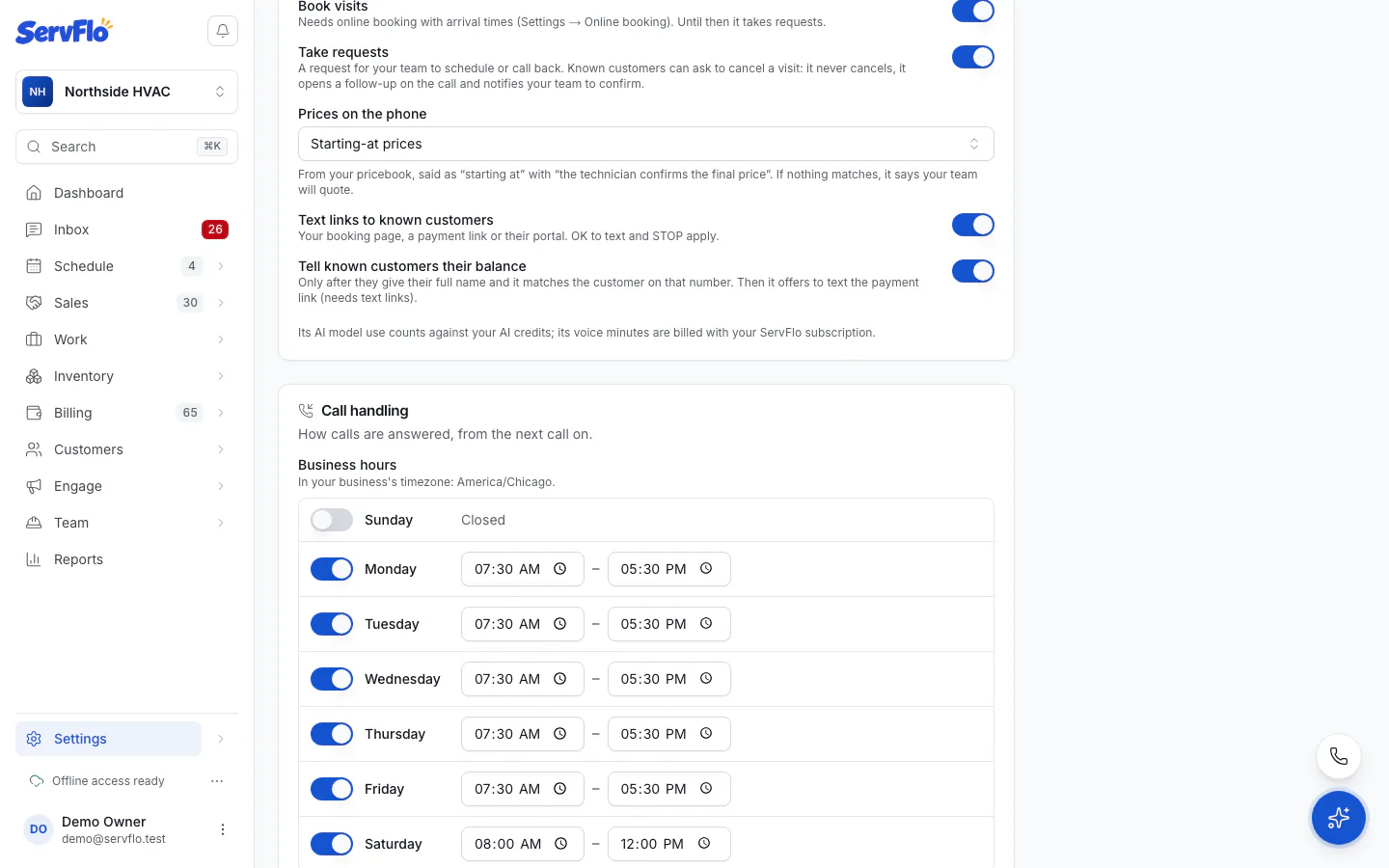 The Call handling panel with business hours and after-hours options