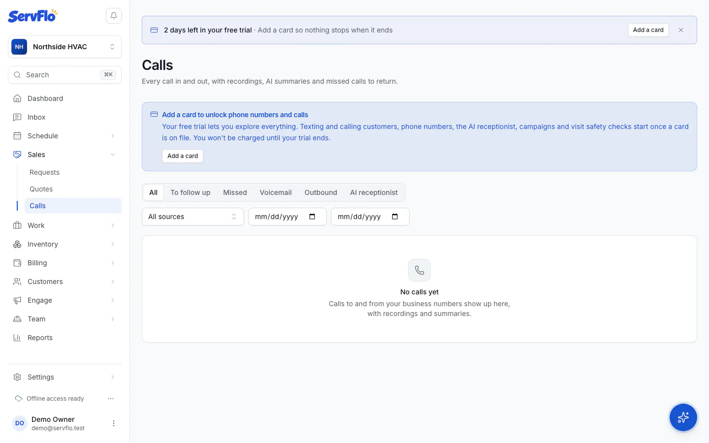 The Calls page listing calls with status, summary and follow-up