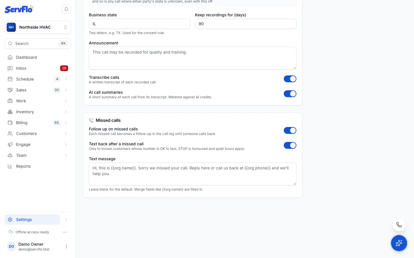 The Missed calls panel in Settings → Phone