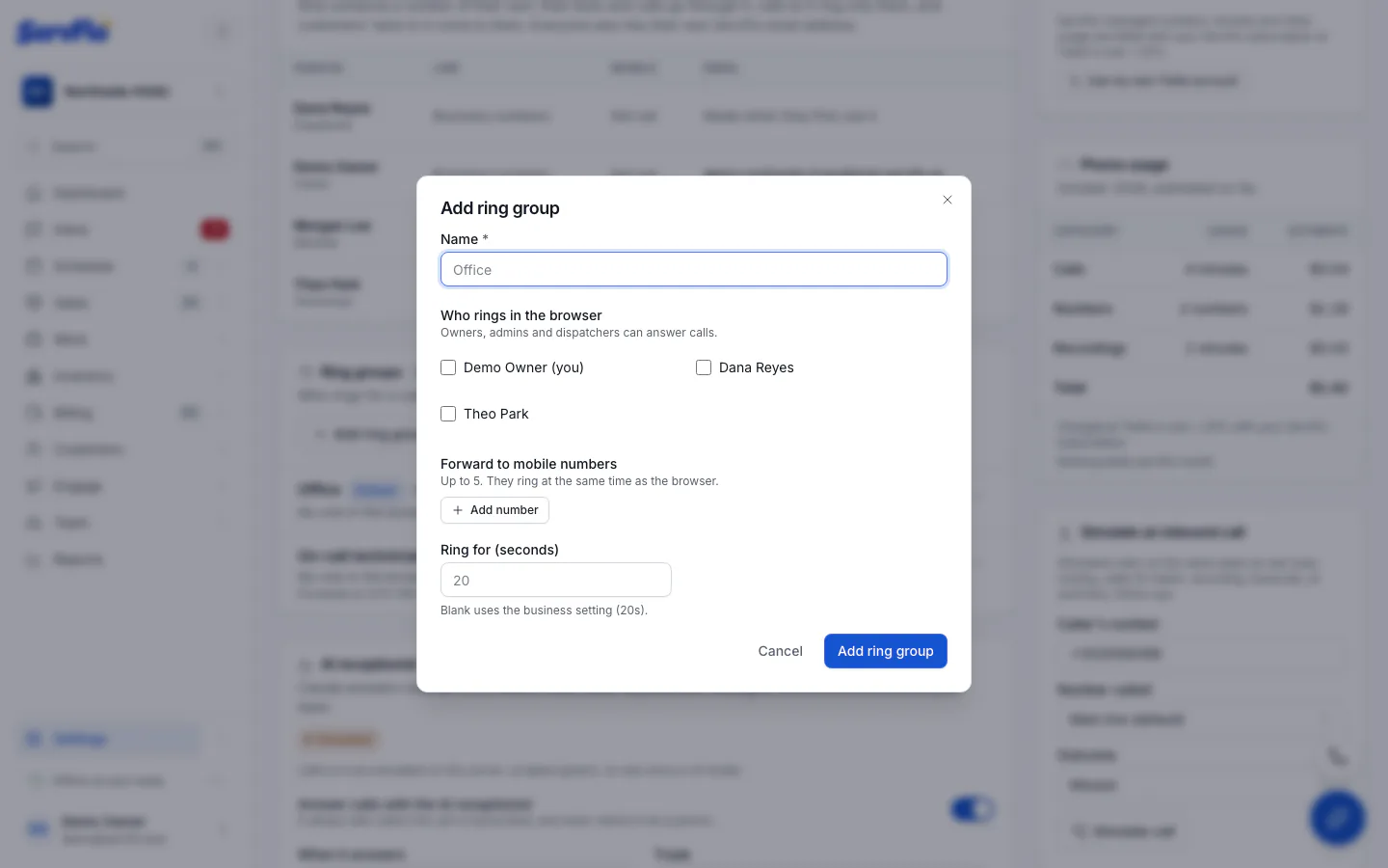 The Add ring group dialog with team members and forward numbers