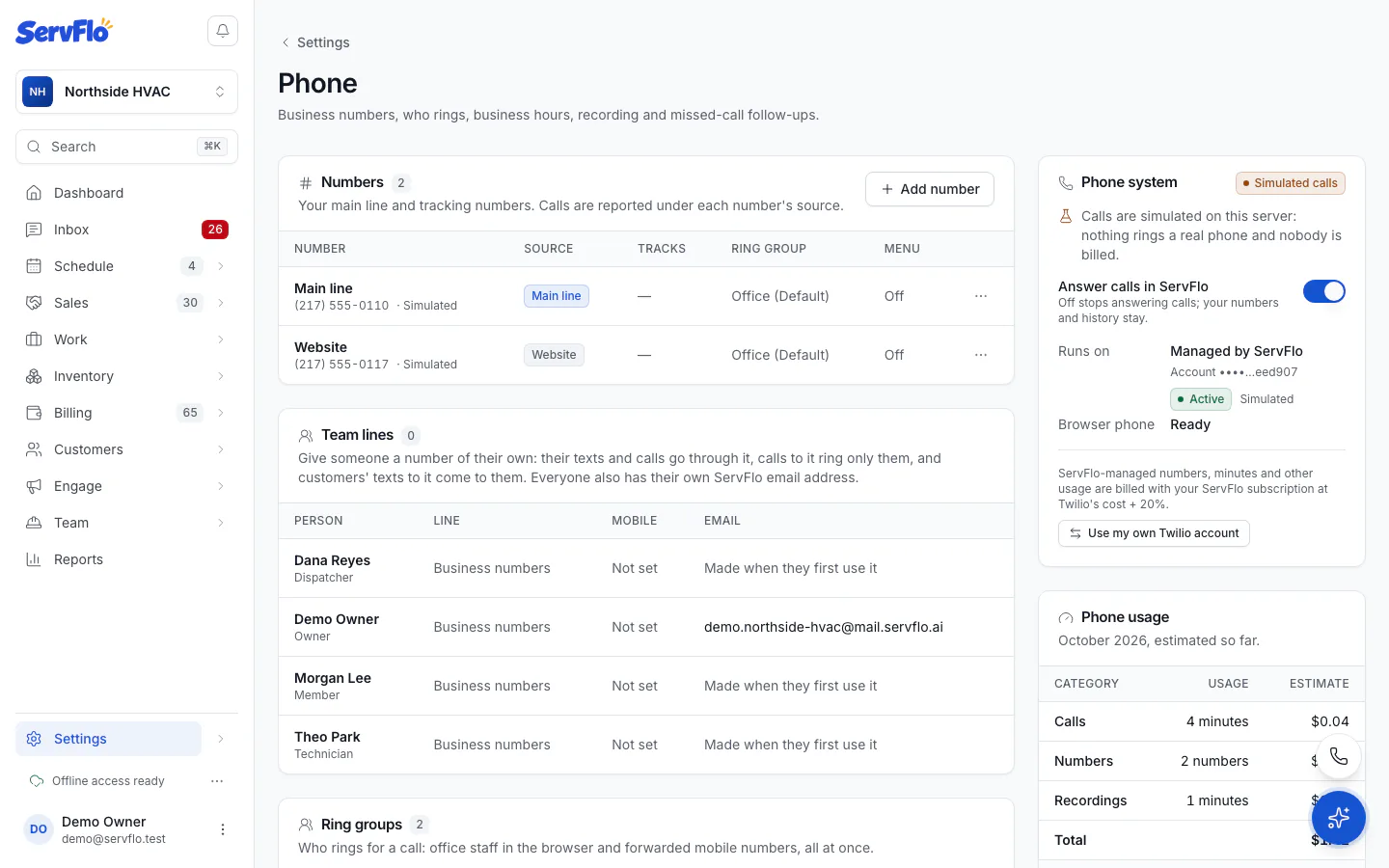 The Phone system panel in Settings → Phone