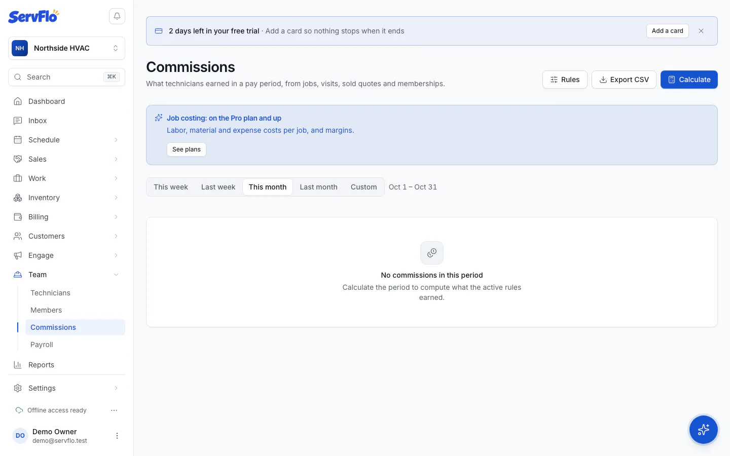 The Commissions page with totals per technician and commission lines