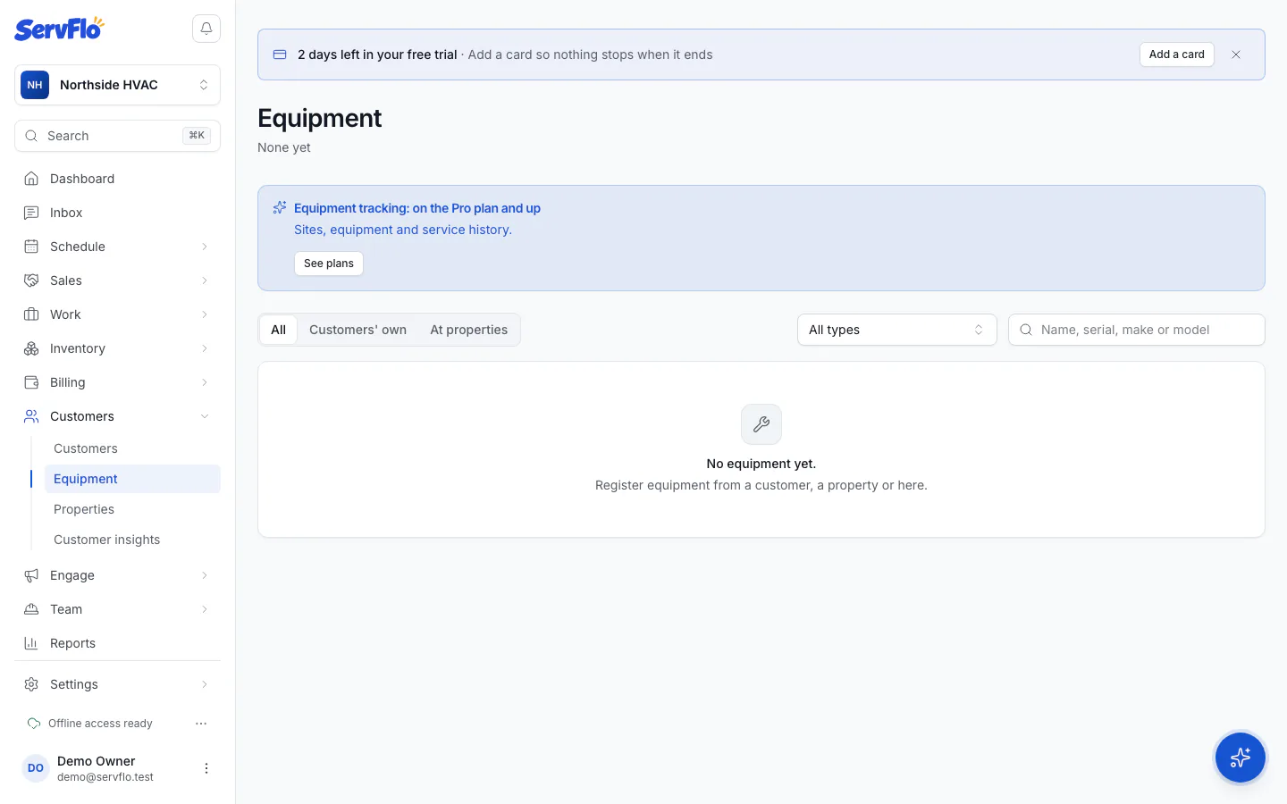 The equipment list with filters for type and owner