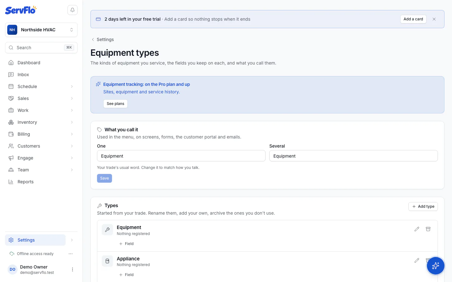 The Equipment types settings with the What you call it box and a list of types