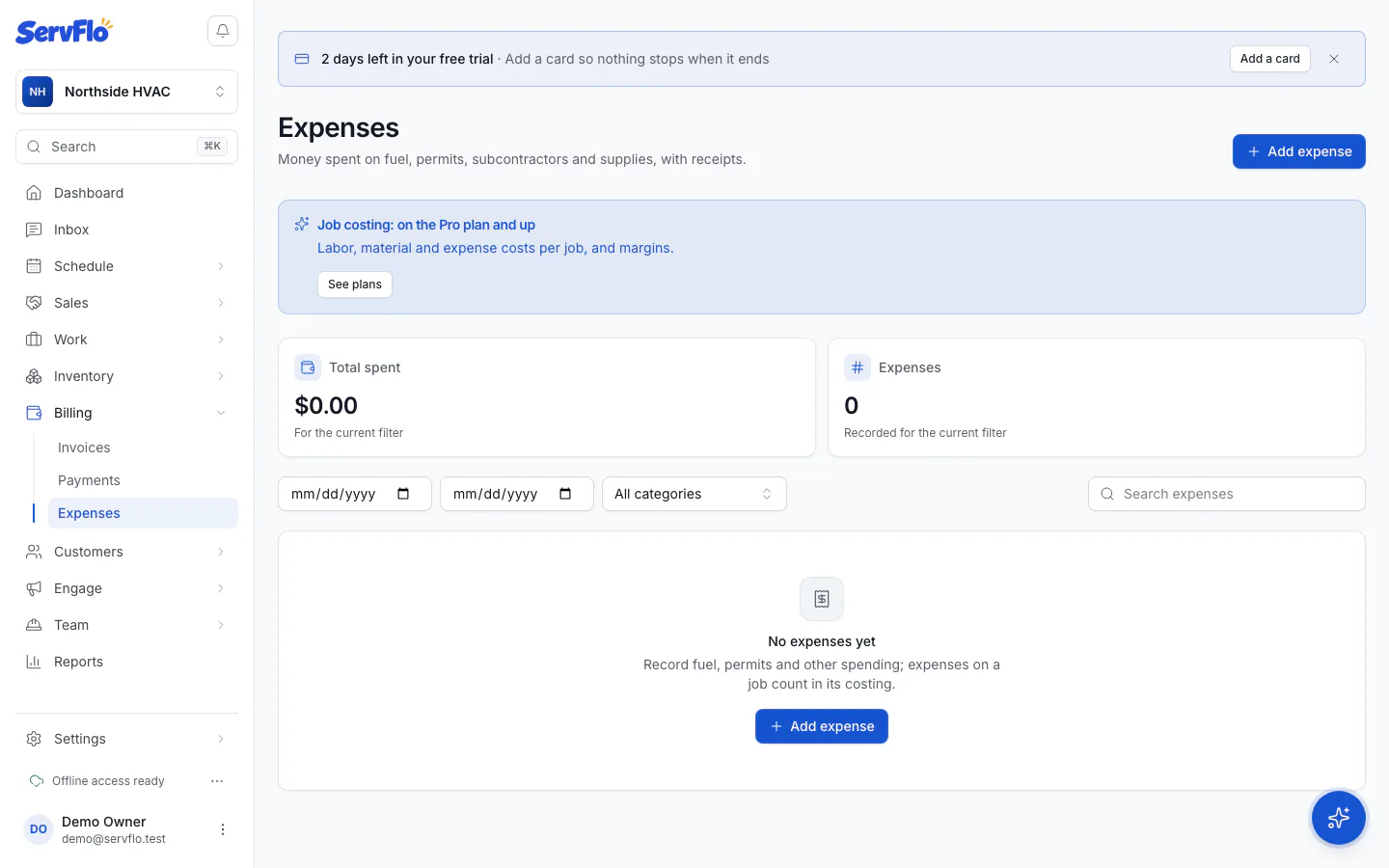 The Expenses page with totals, filters and a list of expenses