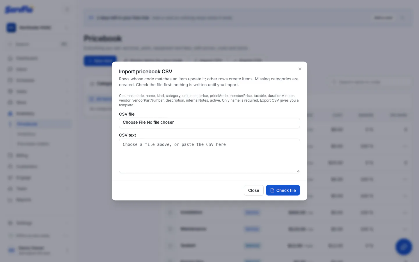 The Import pricebook CSV dialog showing items to create, items to update and problems
