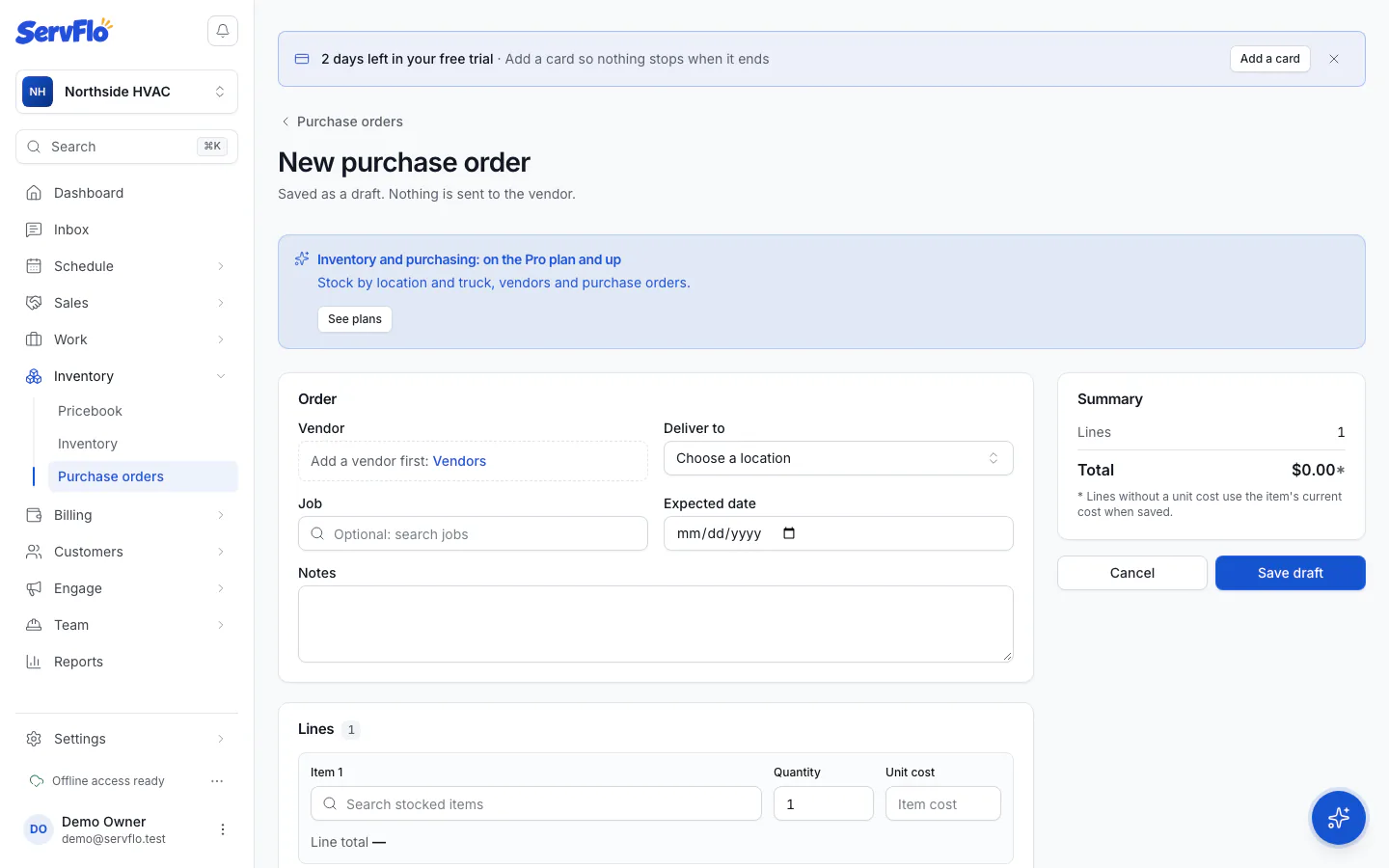The New purchase order form with vendor, delivery location and lines