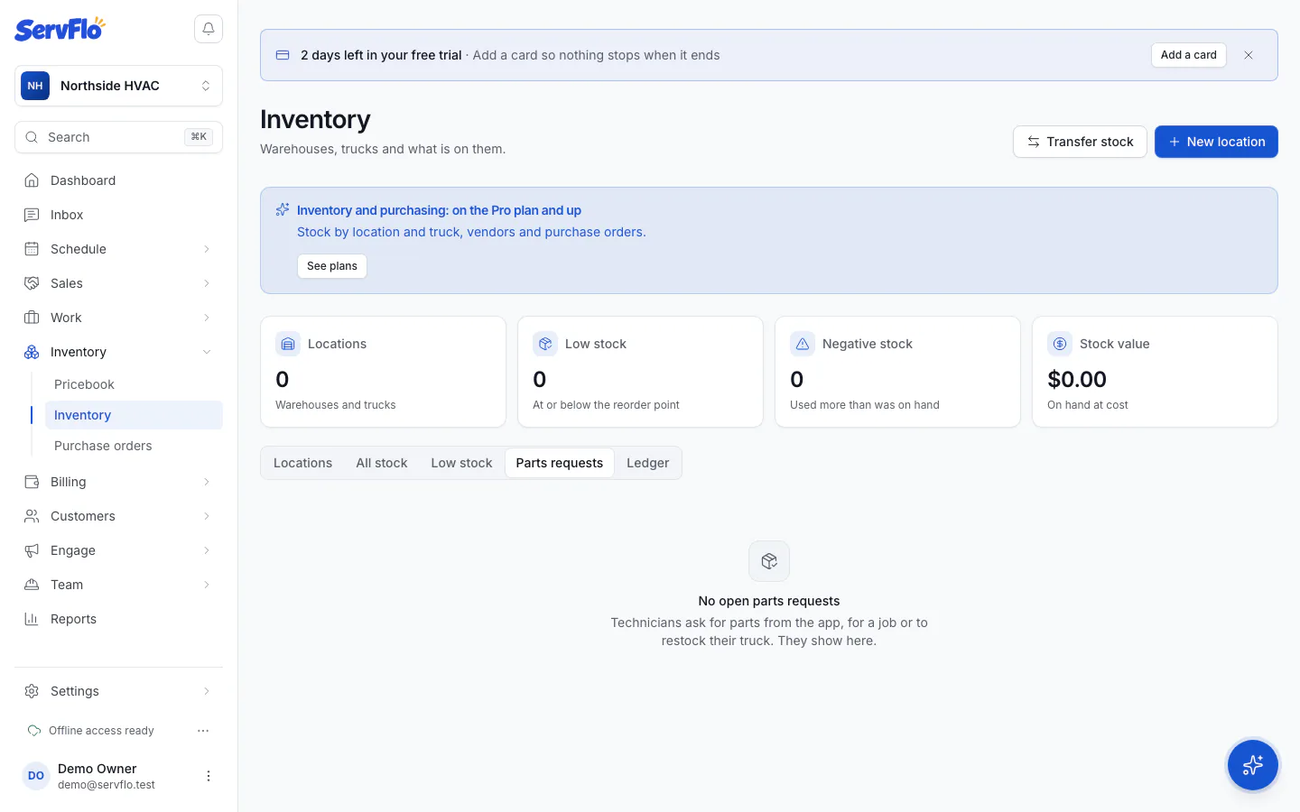 Open parts requests from technicians, with status buttons