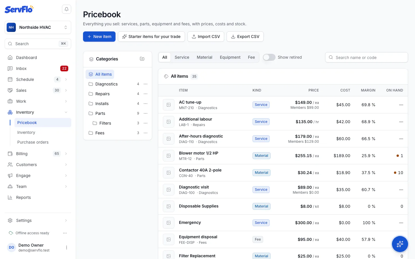 The Pricebook page with categories on the left and items on the right