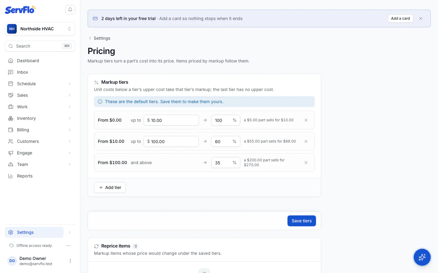 The Pricing settings with markup tiers and the reprice list