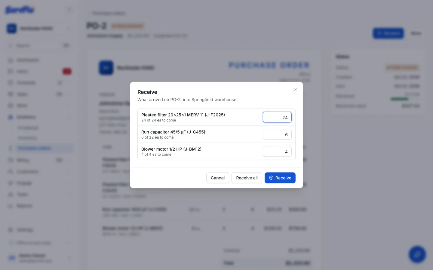 The Receive dialog with quantities still to come on each line