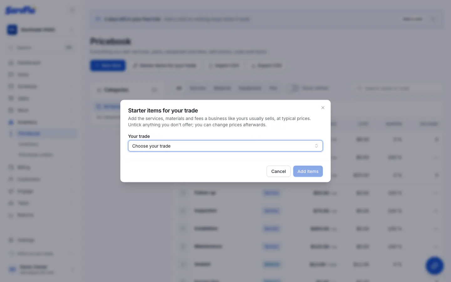 The Starter items for your trade dialog with a list of HVAC services and parts