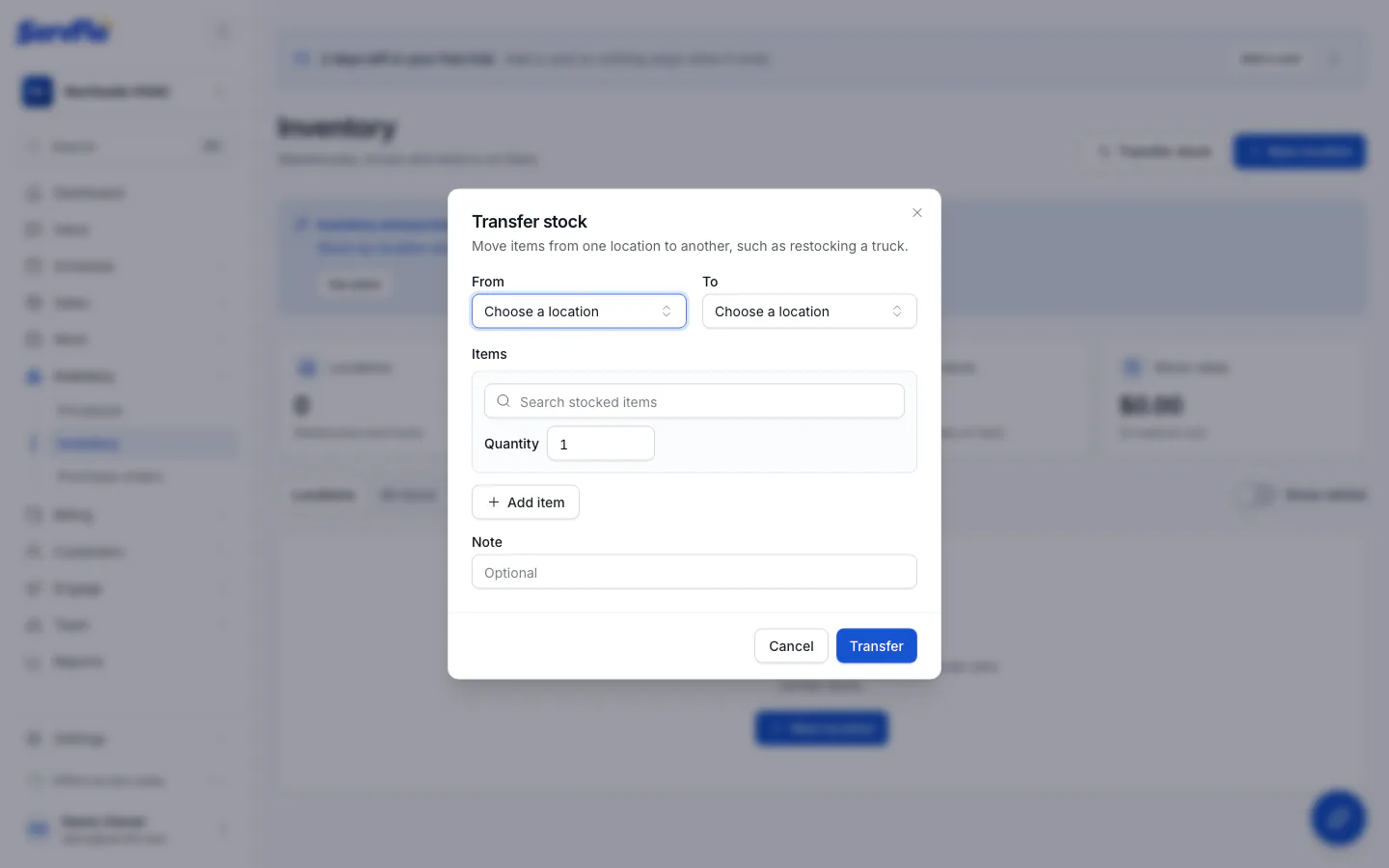 The Transfer stock dialog with From, To and item lines
