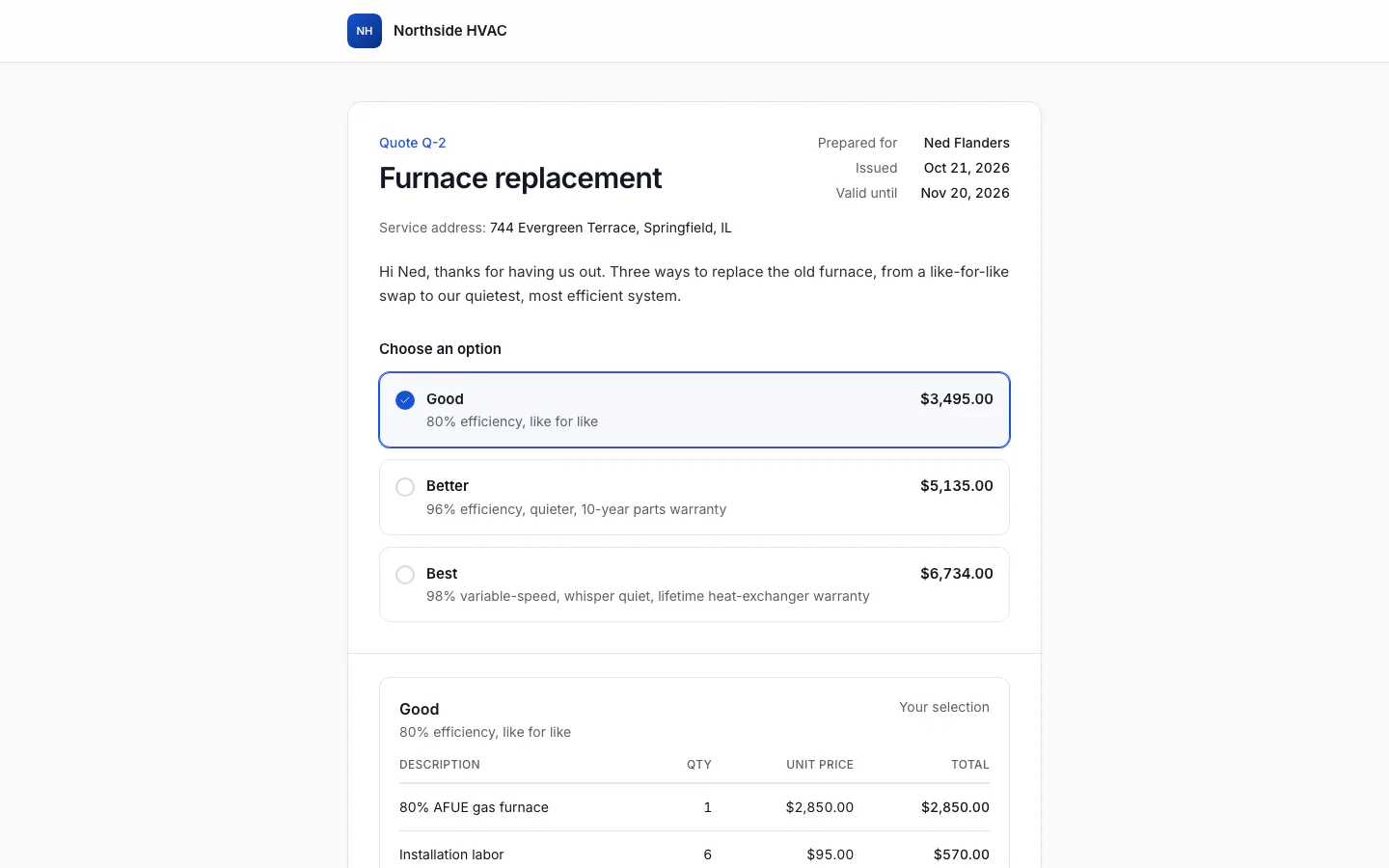 The customer's quote page with option cards, the selection and the Approve tab