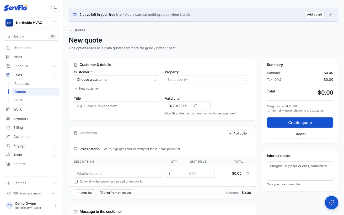 The new quote form with customer details, line items and the summary