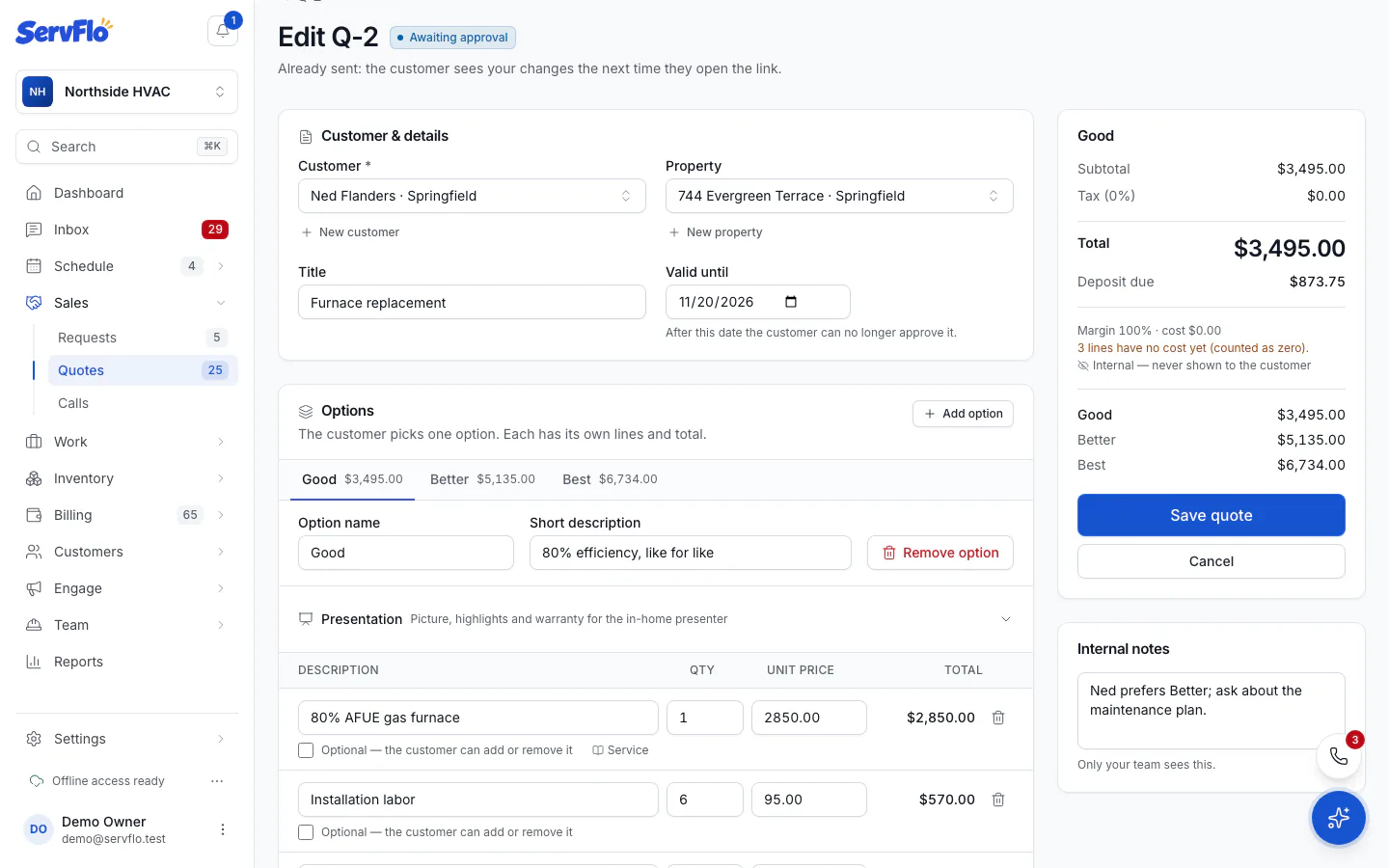 The Options section of the quote editor with Good, Better and Best tabs